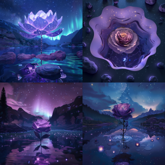多维剪纸工艺的纸插画悬浮在夜空中，星星点点照耀光滑湖面，湖心绽放紫色玫瑰，极光与仙女光交织，cg渲染，体积光营造空间艺术感，生物发光点缀，虚拟引擎5超广角高清呈现，雾面画风，闪烁星光，梦幻色调，神秘氛围，对称构图，高细节精度。