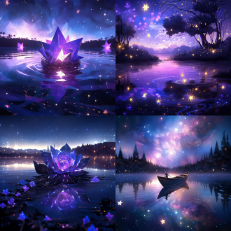 multidimensional paper cuttings technology, paper illustration, the night sky, specks of light on the smooth lake. there is a purple rose in the water. aurora, fairy light, stars, twinkle stars, wide lake surface, starry sky, michael james smith's mist painting, cg rendering, volume light, space art, bioluminescence, virtual engine 5, ultra wide angle, hd, hd