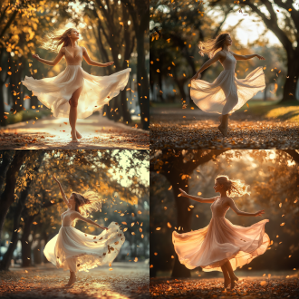 16岁女孩公园跳舞，广角镜头，电影光线，cg渲染，获奖作品，动态姿态，飘逸连衣裙，黄昏天空，金色暖光，树叶飘落，微笑表情，柔焦背景，高细节皮肤，自然微风，梦幻氛围，优雅舞步，浅景深，艺术感构图，柔和阴影，电影级画质