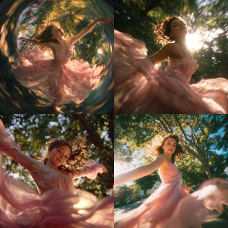 16岁女孩在公园跳舞，优雅旋转，广角镜头，电影级光影，cg渲染风格，获奖作品质感，阳光透过树叶斑驳，粉色连衣裙飘逸，发丝飞扬，柔和微笑，动态模糊，背景虚化，绿意盎然，梦幻色彩，黄昏暖光，高对比度，细腻皮肤纹理，青春活力，浪漫氛围，镜头低角度，舞蹈动作流畅