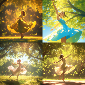 16岁女孩在公园跳舞，广角镜头，电影光效，cg渲染风格，获奖作品质感，动态舞姿，阳光透过树叶斑驳，飘逸裙摆，微笑表情，自然光与人工光混合，高饱和度色彩，景深效果，优雅氛围，细腻皮肤纹理，柔和阴影，午后阳光，绿树背景，艺术感构图，活力与优雅并存。