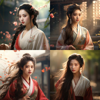 身着汉服的中国女孩，长发飘逸，神情温柔自信，古装风格，远景构图，超高清晰度渲染，细节突出，自然色调，静态放松，柔和光线，美丽氛围，细腻质感，高清画质，典雅气质，写实风格，丝绸质感，古典背景，淡雅色彩，端庄姿态，宁静情绪。