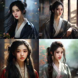 a chinese girl with a hyper realistic style, with ultra clear rendering, long black hair, hanfu, gentle confidence, full personality, natural color tone, distant view, prominent details, ancient costume style, static relaxation, high-definition quality, delicate texture, soft lighting, beautiful atmosphere, wearing clothes