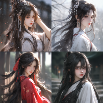 中国少女身穿汉服，黑色长发飘逸，神情温柔自信，自然色调，远景构图，细节突出，古风服饰，静态放松感，高清画质，细腻纹理，柔光照明，唯美氛围，超写实风格，超清晰渲染，全身展示，典雅气质，低饱和度色彩，柔和阴影，环境和谐，古建筑背景，轻盈布料，精致发饰