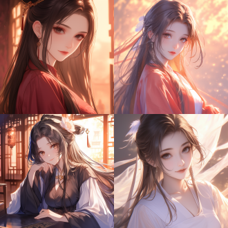 "高清cg渲染动漫风格中国女子，黑色长发，汉服，温柔自信，自然色调，远景，明亮细节，古代服饰，静态放松，高画质，细腻质感，柔和光线，美丽氛围，广角镜头，浅景深，精致面容，优雅姿态，中国风背景，温暖色调，宁静情感。"