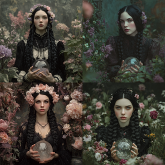 beautiful girl, surrounded by a garden with plants and flowers, soft colors, hair full of flowers, mysterious, imaginative, very detailed, tom bagshaw's norse god freya with crystal ball, beautiful black hair braid, movie, portrait, photography, 70mm shot, telephoto， depth of field, f/2.8， high contrast, 8k, movie lighting, volume lighting, ether lighting, cold, rainy, complex details, very detailed - ar 9:16-testp-stylize 5000