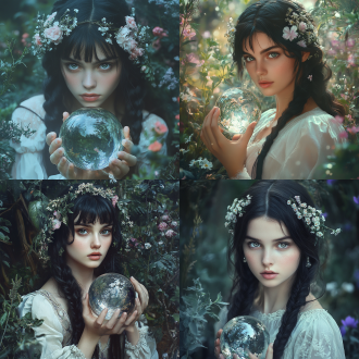 beautiful girl, surrounded by a garden with plants and flowers, soft colors, hair full of flowers, mysterious, imaginative, very detailed, tom bagshaw's norse god freya with crystal ball, beautiful black hair braid, movie, portrait, photography, 70mm shot, telephoto， depth of field, f/2.8， high contrast, 8k, movie lighting, volume lighting, ether lighting, cold, rainy, complex details, very detailed - ar 9:16-testp-stylize 5000