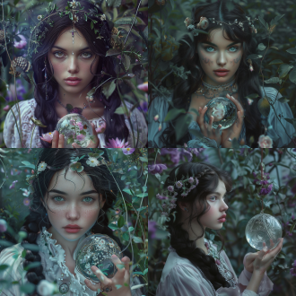 beautiful girl, surrounded by a garden with plants and flowers, soft colors, hair full of flowers, mysterious, imaginative, very detailed, tom bagshaw's norse god freya with crystal ball, beautiful black hair braid, movie, portrait, photography, 70mm shot, telephoto， depth of field, f/2.8， high contrast, 8k, movie lighting, volume lighting, ether lighting, cold, rainy, complex details, very detailed - ar 9:16-testp-stylize 5000