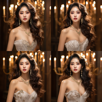 帮我生成一个亚洲美女，清纯浪漫，年轻可爱，长长的微卷发披着，气韵很高雅，眼睛大大的，非常清澈，皮肤雪白，光洁，高贵，穿着非常华贵的礼服裙，带微微细闪，如同一个公主，写真，张艺谋风格