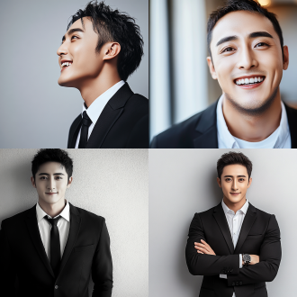 "男子头像，黑色西装，微笑表情，浅灰色背景，柔和光线，正面打光，高分辨率，近距离特写，专业肖像，自信气质，暖色调，真实细节，清晰眼神光，50mm定焦镜头，商业风格"