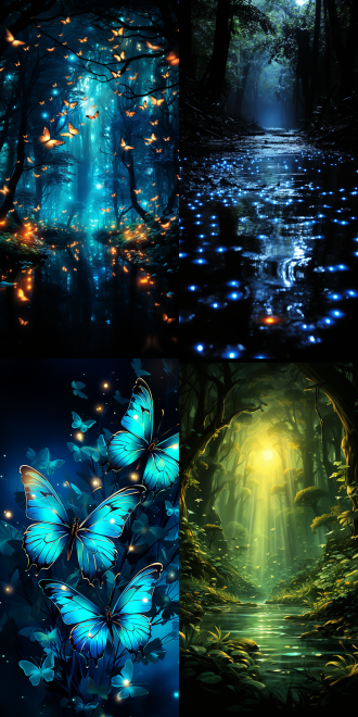深蓝幽暗森林，点缀蝴蝶与萤火虫，神秘氛围，广角镜头，动漫风格，精细高光，细腻笔触，丰富细节，明亮色彩，空灵仙境感，梦幻神圣，暗色调，柔和光线，自然元素，梦境景致，神秘气息，精致纹理，鲜明色调，仙踪效果，朦胧圣洁感