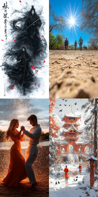 古装两人手持武器对峙，对称布局，高饱和度，室外古风场景，长焦镜头，逆光，动态姿势，霸气，视觉冲击。 动画艺术 中国水墨 手绘涂鸦 荒野 城市公园 沙漠 全身 全景 超广角 道