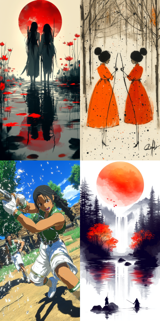 古装两人手持武器对峙，对称布局，高饱和度，室外古风场景，长焦镜头，逆光，动态姿势，霸气，视觉冲击。 动画艺术 中国水墨 手绘涂鸦 荒野 城市公园 沙漠 全身 全景 超广角 道 动画艺术 中国水墨 手绘涂鸦 荒野 城市公园 沙漠 全身 全景 超广角 道