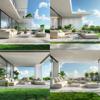 草坪上的开放式现代化客厅，45度侧视角，左边白墙配米色沙发，绿色盆栽点缀，白色茶几与地毯，右边落地窗外地板下是绿草地，背景白云蓝天，3d渲染风格，2.5d视角，景深效果，透视构图，8k画质，全景平视，现代极简设计，空间感强，舒适氛围，暖光与自然光混合，柔和阴影，高细节材质，清新色调。