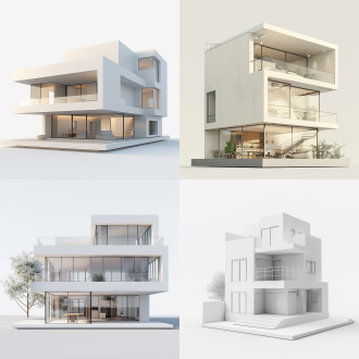 上下两层建筑物，2.5d视角三维白膜，cinema4d渲染，45度侧视角，细节清晰，现代极简风格，空间层次感，柔和自然光，舒适氛围，16:9竖版画面，等距投影，低多边形模型，中性色调，几何线条，通透质感，无噪点