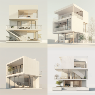上下两层建筑物，2.5d视角三维白膜，cinema4d渲染，45度侧视角，细节清晰，现代极简风格，空间层次感，柔和自然光，舒适氛围，16:9竖版画面，等距投影，低多边形模型，中性色调，几何线条，通透质感，无噪点