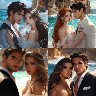 "娇俏草莓女神与儒雅帅哥相遇，新工笔写实风格，层次丰富，异世界海边场景，洁白沙滩碧浪，高耸悬崖，磨砂质感低饱和度，女神精致五官白皙肌肤玫瑰唇黑瞳孔长发飘逸，男生微卷发清晰西装线条光滑皮肤，超高清晰度，对角线构图，柔光，海浪飞溅，梦幻氛围，优雅相遇，细腻笔触"