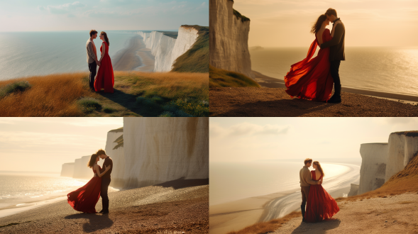 晨光中的高挑情侣，维克黑沙滩，多佛白崖背景，女生红裙飘逸挑逗，男生腼腆微笑，爱的火花，海风浪花轻扬，新工笔写实风格，层次丰富，35mm镜头，高动态范围，细腻皮肤表情，柔和侧光，激情氛围，低饱和色调，幽静空旷，超现实人物，1:1画幅
