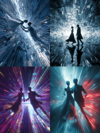 3d渲染，现代情侣穿越时空裂缝，亚洲女性妩媚柔美长裙，亚洲男性清秀儒雅西装，身体延伸至裂缝外，紧张动感，赛博朋克科幻世界，超高清画质，比例3:2，广角镜头，动态模糊，霓虹色调，高对比度，未来主义，光线追踪，复杂细节，金属质感，深邃背景，情感张力。