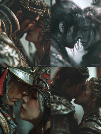 暗调朦胧，淡彩褪色，雾面模糊，近景特写，王者荣耀角色嫦娥与韩信拥吻，半身像虚化，凌乱美感，高颜值，复古风格，低饱和度，冷光源反射，质感纹理，泛焦虚化，高噪点，胶片颗粒，极简风格，灰度美学，写意笔触，前卫视觉艺术，奢华感，杰作，背景为豪华酒店