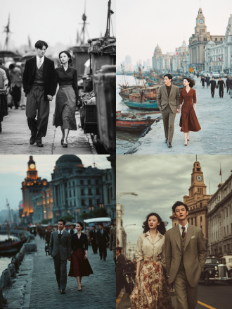 解放前夕上海滩，黄浦江边渔船连绵，欧式建筑古老典雅，街道人潮涌动，黄包车与老式汽车穿梭。刘昊然西装笔挺，陈都灵裙摆飘扬，二人牵手凝望江面，神情踌躇满志。唯美浪漫风格，3:2比例，超高清，复古胶片色调，广角镜头，黄昏柔光，动态模糊，怀旧氛围，细腻质感，远景特写结合，情感深沉。