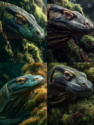 "科莫多龙特写，丛林苔藓木头，鳞片细节清晰，超写实主义，近距离拍摄，高对比高饱和度，富士胶片质感，生态环境，生机勃勃，自然光线，微距镜头，湿润质感，动态瞬间，锐利焦点，热带色调，警觉眼神，原始野性。"