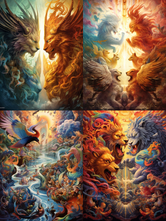 充满想象力的动物世界，动物化作天使，彼此战斗以奴役人类，艺术表现强烈，画面丰富，绚丽色彩，渲染效果，大画幅，远景构图，对称布局，超现实风格，高饱和度，动态光影，史诗感，复杂细节，神话元素，戏剧性，冲突场景，神圣与邪恶交织，羽毛与铠甲，火焰与光芒，宏大规模，强烈对比，奇幻氛围