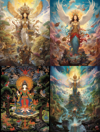 奇幻女神菩萨化身，飞禽走兽五官融合，袈裟裹身高耸胸脯，黑色天使巨翼展开，麋鹿双腿纤细弹跳，观音手持西方法器，破云开天辟地，全景多层次构图，复杂生物细节，高饱和度色彩，史诗感宏大场景，柔光与逆光交织，动态张力，神圣威严表情，超现实奇幻风格，8k渲染，细腻质感，广角镜头，暗黑神话美学