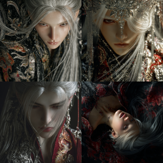 以暗黑怪诞东方奇幻风格呈现的人物摄影，借助虚拟引擎实现超高精度渲染，超写真现实笔触感尽显。仰拍镜头，油画，水墨丹青，笔触，线条清晰，明暗对比，超高清，垂坠感，高级感，闪片，高光阴影对比，精致的眼部妆容，全身像，灰白长发，最高画质，完美品质，绝美双瞳，丹凤眼。清透的皮肤，强光，细腻渲染，邪魅，细节五官。丰富细节，远景深，面部聚焦，极致丰富细节，高质量，耳坠，写实逼真，艳丽的油画质感，细腻肌理，bjd,背景黑色虚化，暗黑浅色系华丽服饰，极繁主义， 摆pose，男主，人物虚景轮廓由银色粒子光勾勒，散发着空灵的绝美冰冷感，以及梦幻、神性与孤傲的气质。其银灰色头发柔顺且超长，飞扬着，他穿着华丽的古装服饰，极繁主义，宽大飘逸的衣袖。背景是神殿，大师级的构图带来神圣感、救赎感和宏大史诗感，8k超高分辨率赋予其电影质感。