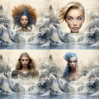 超现实主义风格，淡彩层染。水墨。水底一条透明绸缎，展现立体微缩景观的《千里江山图》，阳光照在绸缎上，有水泡升起，梦幻唯美意境，丁达尔效应，逆光，散射光，渐变，三维古风，极简构图，光影交错，色彩层次渐变，电影级质感。比例 9:16。