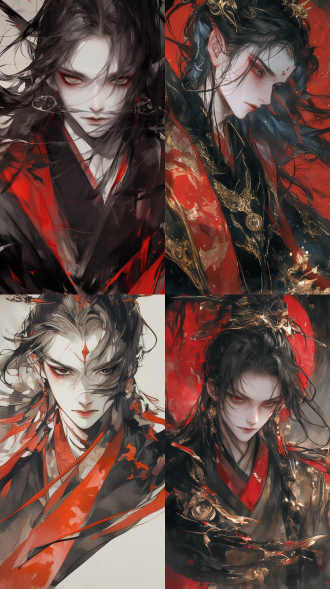 2d动漫水彩风格，厚涂技巧极致细节，颗粒感和琉璃质感，流线笔刷，冷白皮肤bjd大少爷头部特写，高傲娇纵高冷偏执气质，墨黑色散乱头发，神秘古风黑红色华服，优雅黑红渐变，美型五官，精细服饰花纹，俯视视角构图，低柔光流体质感，朦胧低饱和度色调，9:16比例，暗调光影，细腻纹理，忧郁氛围，精致线条。