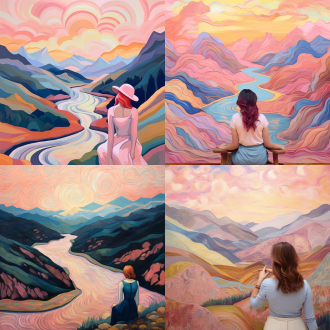 请画一幅抽象风景画，一个美丽的女子在山顶上看风景，画面有河流，山景，温和的淡粉淡蓝色，构图特别。梵高风格。