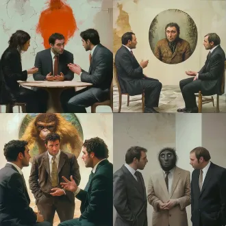 把这个图调整一下，原始人站中间，并为两个人传递对话