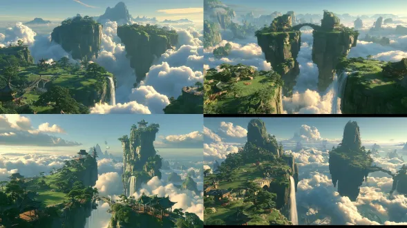 宽幅全景浮空仙山，两断岩体隔深渊瀑布，绿草甸古松，中式殿宇石拱桥，观景台，远峰破云海，晨光斜洒，灵光花树，国风仙侠cg，21:9宽画幅，丁达尔光，体积云，低饱和青碧暖金，长镜头景深，超高清空灵圣洁