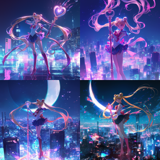 `pretty guardian sailor moon, full body shot, dynamic standing pose, detailed sailor uniform, flowing skirt, holding spiral heart moon rod, glowing silver crystal, tokyo cityscape at night, neon lights, modern anime illustration style, cinematic lighting`