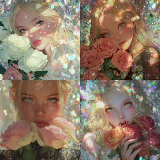 girl with green eyes, blonde hair, vampire, fangs, wearing glitter makeup, holding roses, illustration painting, beautiful roses, glitter and diamond dust, sparkling eyes, glittering background, dreamy holographic rainbow colors, soft lights, holographic effect, kawacy, dreamy colors, ethereal background, high resolution, combination of virtual and real, fairy tale illustration, beautiful