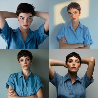 意大利女模特的照片，短发，穿着蓝色短袖，看着相机手臂，极简风格，干净的背景，在f2和iso400佳能eos r5风格下拍摄，柔和的光线，彩色摄影为时尚杂志封面。