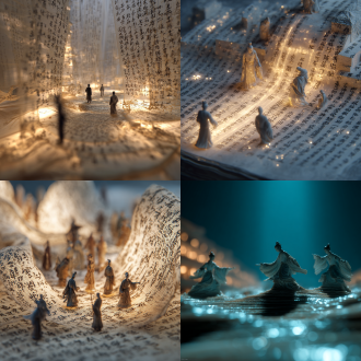 三维古风,折叠模型形成书法空间,极小的古人,现实与虚拟,发光,大面积留白,薄纱前景,浅景深,高清,电影光,x-ray