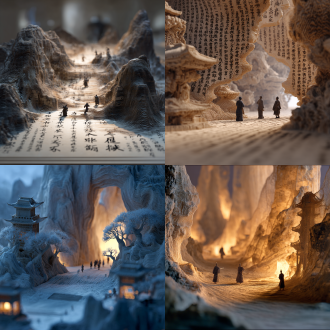 三维中国山水古风,折叠模型形成书法空间,极小的古人,现实与虚拟,发光,大面积留白,薄纱前景,浅景深,高清,电影光,x-ray