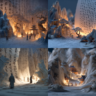 三维中国山水古风,折叠模型形成书法空间,极小的古人,现实与虚拟,发光,大面积留白,薄纱前景,浅景深,高清,电影光,x-ray，原神画风