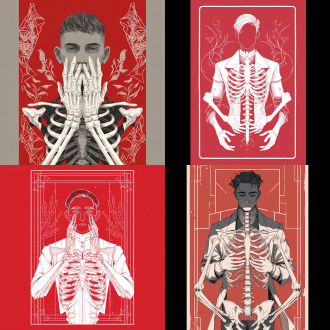 the magician, the tarot card of the magician is an androgynous man with short hair wearing white gloves. in front of him there's a ribcage that has two arms reaching out to touch his face. on a red background