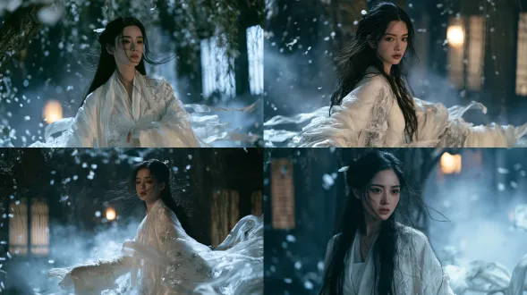 nie xiaoqian, an extraordinarily beautiful young chinese female ghost from classical chinese supernatural romance, appearing approximately 20 years old, an ethereal and mesmerizing spirit maiden possessing breathtaking classical chinese beauty, exquisitely refined slender oval face, delicate softly pointed chin, gracefully sculpted facial bone structure, harmonious facial proportions, naturally elegant jawline, captivating elongated almond-shaped eyes with deep dark brown irises, delicately curved dark eyebrows, long naturally defined eyelashes, a beautifully straight and slender nose bridge, delicate nose tip, softly shaped pale rose-red lips, smooth cool-toned porcelain-white skin with subtle realistic texture, an almost translucent ghostly complexion, strikingly beautiful yet melancholic facial features, a quiet sorrowful expression with a trace of mysterious tenderness, emotionally expressive eyes gazing softly toward the camera, subtly lowered eyebrows, gently relaxed lips, restrained sadness and haunting elegance, an innocent yet otherworldly presence, long flowing jet-black hair cascading down her back and over her shoulders, a loosely arranged traditional half-up hairstyle secured with a delicate white jade hairpin, fine loose strands drifting weightlessly around her cheeks and forehead, dressed in an exquisite flowing ivory-white traditional chinese hanfu, delicate translucent silk outer robe, graceful wide sleeves, layered lightweight gauze fabrics, fine silver-white floral embroidery, elegant flowing skirt extending toward the ground, soft silk ribbons floating gently in the supernatural breeze, refined and understated ancient chinese feminine styling, delicate natural makeup, softly defined eyeliner, subtle muted rose eyeshadow, pale pink lips, a faint cool blush, standing gracefully beneath an ancient willow tree in an abandoned chinese courtyard at midnight, weathered stone pathways, aged wooden corridors, traditional lattice windows, scattered white flower petals, faint drifting mist surrounding her feet, ancient trees casting delicate shadows, distant mountains partially obscured by moonlit fog, cinematic medium full-body portrait, elegant three-quarter frontal composition, eye-level camera perspective, 85mm cinematic portrait lens, f/2.0 aperture, shallow depth of field, exquisite facial clarity, softly blurred ancient architecture in the background, atmospheric foreground branches creating natural cinematic framing, soft frontal cinematic lighting illuminating her porcelain complexion, cool silver-blue moonlight falling across her flowing silk garments, delicate moonlit rim lighting outlining her black hair and translucent sleeves, subtle ethereal halo, restrained supernatural luminescence, realistic volumetric moonlight filtering through willow branches, gentle atmospheric scattering, natural cinematic shadows, cool silver-white, pale blue-gray and muted jade-green color palette, subtle warm highlights from a distant lantern, r