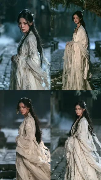 nie xiaoqian, an extraordinarily beautiful 20-year-old chinese female ghost, ethereal classical chinese beauty, delicate oval face, softly pointed chin, refined facial bone structure, captivating almond-shaped dark brown eyes, elegant dark eyebrows, slender straight nose, delicate pale rose lips, smooth cool-toned porcelain-white skin, subtle translucent ghostly complexion, melancholic yet tender expression, mysterious and sorrowful gaze, long flowing jet-black hair, elegant half-up hairstyle with a delicate white jade hairpin, loose strands framing her face, exquisite ivory-white traditional chinese hanfu, translucent flowing silk sleeves, layered gauze robes, delicate silver floral embroidery, graceful slender figure, ethereal ribbons drifting in the breeze, subtle refined makeup, standing beneath an ancient willow tree in a deserted chinese courtyard at midnight, weathered stone pathways, traditional wooden corridors, drifting mist, scattered white flower petals, cinematic medium full-body portrait, three-quarter frontal view, 85mm portrait lens, shallow depth of field, soft frontal cinematic lighting, cool silver-blue moonlight, delicate rim lighting, subtle ethereal halo, realistic volumetric moonlight, soft atmospheric haze, muted blue-gray and ivory-white color grading, realistic silk textures, photorealistic live-action chinese supernatural romance film still, high-budget cinematic production, haunting romantic atmosphere, natural anatomy, realistic skin texture, delicate film grain