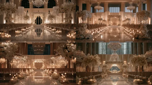 a magnificent modern luxury wedding venue, grand and elegant indoor wedding ceremony hall, spacious architectural interior with soaring ceilings, a beautifully decorated central wedding aisle leading toward an exquisite ceremonial stage, luxurious white floral arrangements, fresh roses, orchids and hydrangeas, elegant ivory silk drapery, delicate crystal chandeliers suspended from the ceiling, transparent acrylic decorative structures, refined champagne-gold metallic accents, symmetrical rows of elegant guest chairs on both sides of the aisle, a stunning floral wedding arch, romantic candlelight, soft white and champagne color palette, sophisticated contemporary wedding design, cinematic wide establishing shot, symmetrical centered composition, 24mm wide-angle lens, deep depth of field, soft natural daylight mixed with warm ambient lighting, delicate volumetric light beams, subtle cinematic bloom, realistic reflections on polished marble flooring, refined floral textures, elegant glass and crystal details, photorealistic architectural photography, live-action romantic wedding film still, high-end cinematic production design, luxurious romantic atmosphere, realistic lighting, sophisticated cinematic color grading, subtle film grain, no people