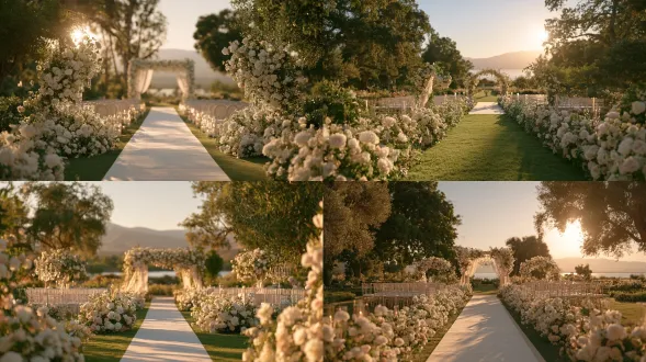 a breathtakingly beautiful modern outdoor wedding venue, elegant and romantic open-air ceremony setting, a long white wedding aisle set on a manicured garden lawn, surrounded by abundant white and blush floral arrangements, delicate roses, peonies and hydrangeas, graceful floral arches, flowing sheer fabric drapery, refined crystal decorations, warm candlelight accents, elegant white guest chairs arranged symmetrically on both sides, lush green trees and soft garden scenery in the background, subtle mountain or lake view in the distance, dreamy and airy atmosphere, luxurious contemporary wedding styling, cinematic wide establishing shot, centered symmetrical composition, 24mm wide-angle lens, deep depth of field, soft golden hour sunlight, warm natural backlighting, delicate rim light, subtle volumetric light, soft bloom, romantic atmospheric haze, ivory white, blush pink and champagne-gold color palette, realistic floral textures, soft fabric movement, refined glass and crystal reflections, photorealistic live-action wedding film still, high-end cinematic realism, elegant romantic mood, sophisticated color grading, subtle film grain, no people