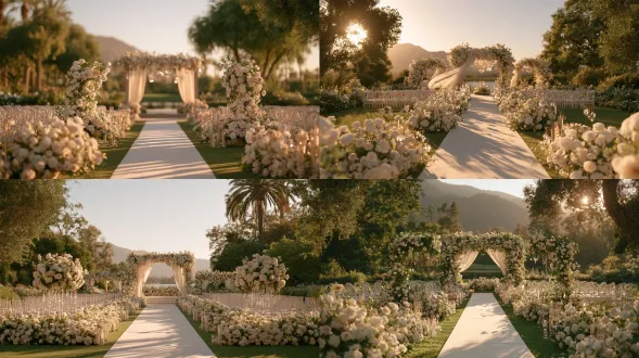 a breathtakingly beautiful modern outdoor wedding venue, elegant and romantic open-air ceremony setting, a long white wedding aisle set on a manicured garden lawn, surrounded by abundant white and blush floral arrangements, delicate roses, peonies and hydrangeas, graceful floral arches, flowing sheer fabric drapery, refined crystal decorations, warm candlelight accents, elegant white guest chairs arranged symmetrically on both sides, lush green trees and soft garden scenery in the background, subtle mountain or lake view in the distance, dreamy and airy atmosphere, luxurious contemporary wedding styling, cinematic wide establishing shot, centered symmetrical composition, 24mm wide-angle lens, deep depth of field, soft golden hour sunlight, warm natural backlighting, delicate rim light, subtle volumetric light, soft bloom, romantic atmospheric haze, ivory white, blush pink and champagne-gold color palette, realistic floral textures, soft fabric movement, refined glass and crystal reflections, photorealistic live-action wedding film still, high-end cinematic realism, elegant romantic mood, sophisticated color grading, subtle film grain, no people