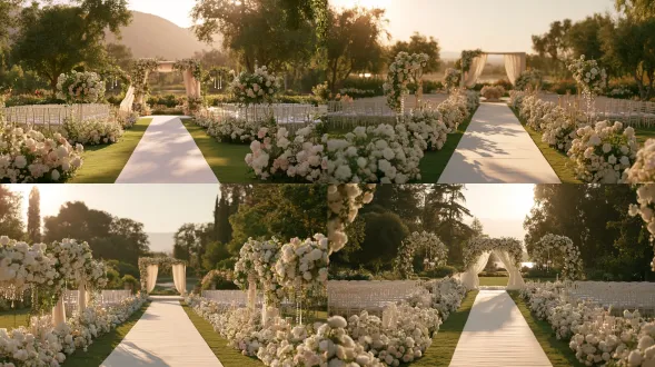 a breathtakingly beautiful modern outdoor wedding venue, elegant and romantic open-air ceremony setting, a long white wedding aisle set on a manicured garden lawn, surrounded by abundant white and blush floral arrangements, delicate roses, peonies and hydrangeas, graceful floral arches, flowing sheer fabric drapery, refined crystal decorations, warm candlelight accents, elegant white guest chairs arranged symmetrically on both sides, lush green trees and soft garden scenery in the background, subtle mountain or lake view in the distance, dreamy and airy atmosphere, luxurious contemporary wedding styling, cinematic wide establishing shot, centered symmetrical composition, 24mm wide-angle lens, deep depth of field, soft golden hour sunlight, warm natural backlighting, delicate rim light, subtle volumetric light, soft bloom, romantic atmospheric haze, ivory white, blush pink and champagne-gold color palette, realistic floral textures, soft fabric movement, refined glass and crystal reflections, photorealistic live-action wedding film still, high-end cinematic realism, elegant romantic mood, sophisticated color grading, subtle film grain, no people
