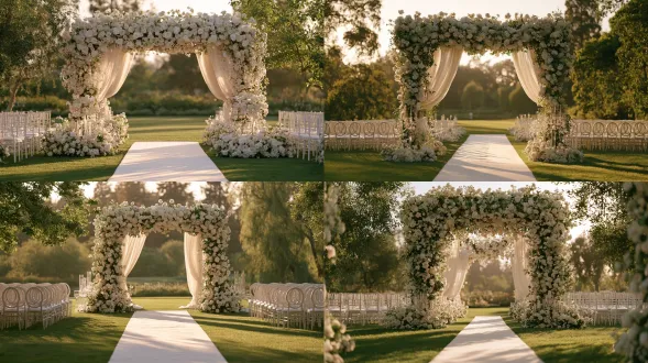 a breathtakingly beautiful modern outdoor wedding ceremony on a lush green lawn, elegant white wedding aisle across the grass, romantic floral arch adorned with abundant white and blush flowers, delicate roses, peonies and hydrangeas, flowing sheer drapery, refined crystal and candle decorations, neatly arranged white guest chairs on both sides, surrounded by fresh green trees and a soft natural garden backdrop, dreamy open-air atmosphere, luxurious contemporary wedding styling, cinematic wide shot, centered symmetrical composition, 24mm wide-angle lens, deep depth of field, soft golden hour sunlight, warm natural backlighting, delicate rim light, subtle volumetric glow, soft bloom, romantic atmospheric haze, ivory white, blush pink and champagne-gold color palette, realistic floral textures, elegant fabric movement, photorealistic live-action wedding film still, high-end cinematic realism, poetic and romantic mood, sophisticated color grading, subtle film grain, no people