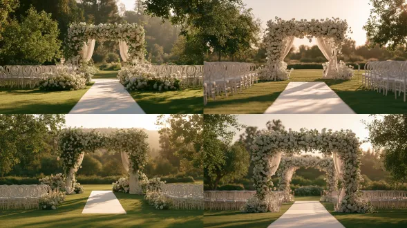 a breathtakingly beautiful modern outdoor wedding ceremony on a lush green lawn, elegant white wedding aisle stretching across the grass, a romantic floral arch adorned with abundant white and blush flowers, delicate roses, peonies and hydrangeas, flowing sheer drapery, refined crystal accents and candle decorations, neatly arranged white guest chairs on both sides, surrounded by fresh green trees and a soft natural garden backdrop, dreamy and airy atmosphere, luxurious contemporary wedding styling, cinematic wide establishing shot, centered symmetrical composition, 24mm wide-angle lens, deep depth of field, soft golden hour sunlight, warm natural backlighting, delicate rim light, subtle volumetric glow, soft bloom, romantic atmospheric haze, ivory white, blush pink and champagne-gold color palette, realistic floral textures, elegant fabric movement, photorealistic live-action wedding film still, high-end cinematic realism, poetic and romantic mood, sophisticated color grading, subtle film grain, no people