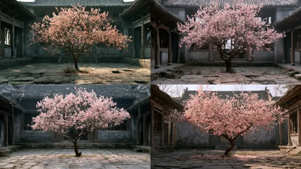 an abandoned ancient chinese courtyard with a single peach blossom tree blooming in the center, weathered stone ground, cracked paving, aged wooden corridors, broken lattice windows, worn gray brick walls, traces of neglect and quiet decay, delicate pink peach blossoms covering the branches, scattered fallen petals across the courtyard floor, subtle wild grass growing between the stones, a tranquil yet melancholic atmosphere, cinematic wide shot, centered composition, eye-level view, 35mm cinematic lens, deep depth of field, soft diffused daylight, gentle natural lighting, subtle atmospheric haze, soft bloom, muted gray and earthy tones contrasted with elegant pink blossoms, realistic weathered stone and aged wood textures, photorealistic live-action chinese historical film still, cinematic realism, poetic and desolate mood, refined color grading, subtle film grain, no people